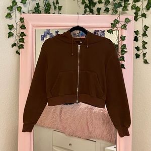 Brown Crop Zip-Up Jacket Hoodie